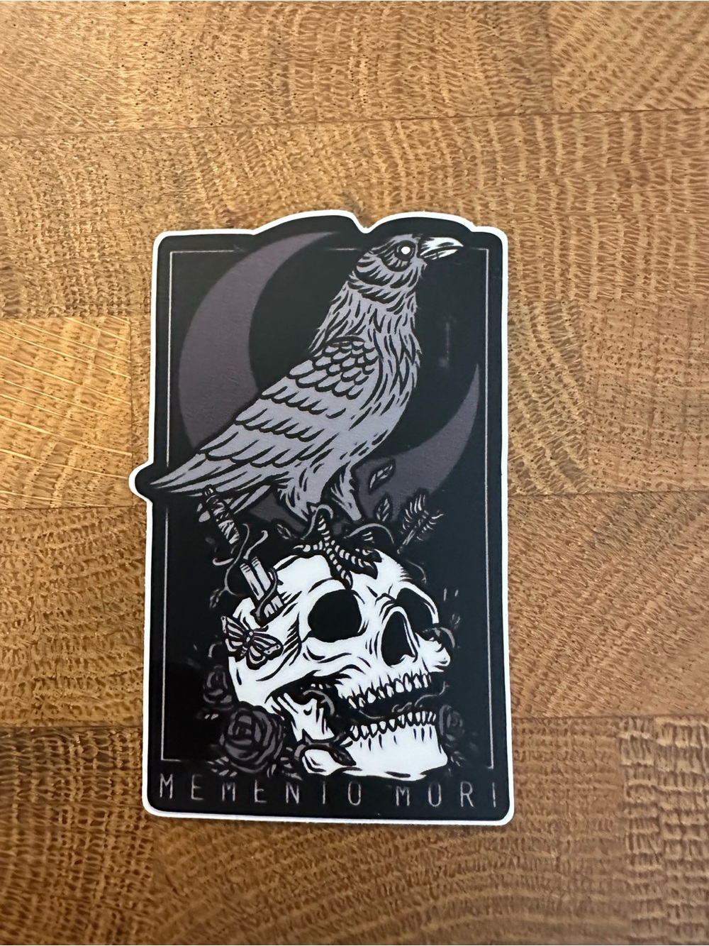 Memento Mori Crow & Skull Sticker — Black and Gray